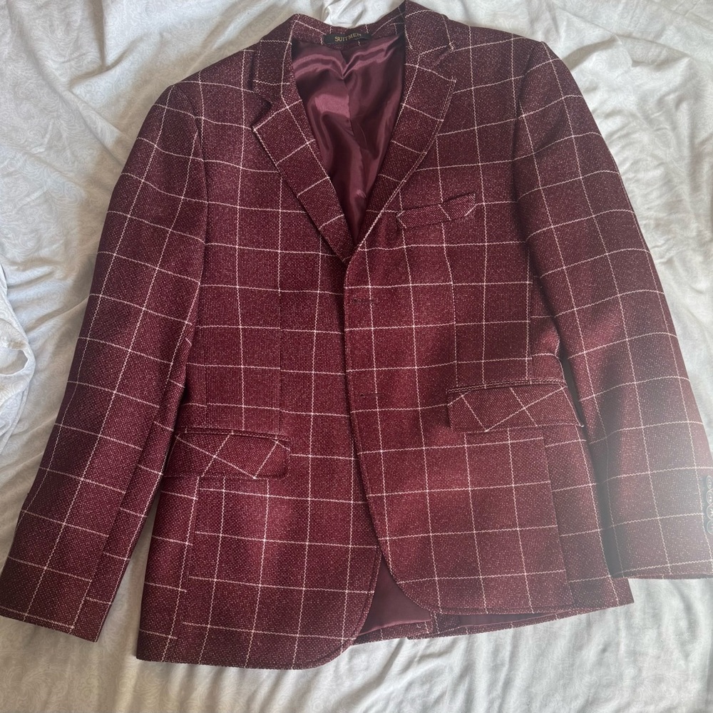 Men's Maroon Grid Pattern Blazer - image 6